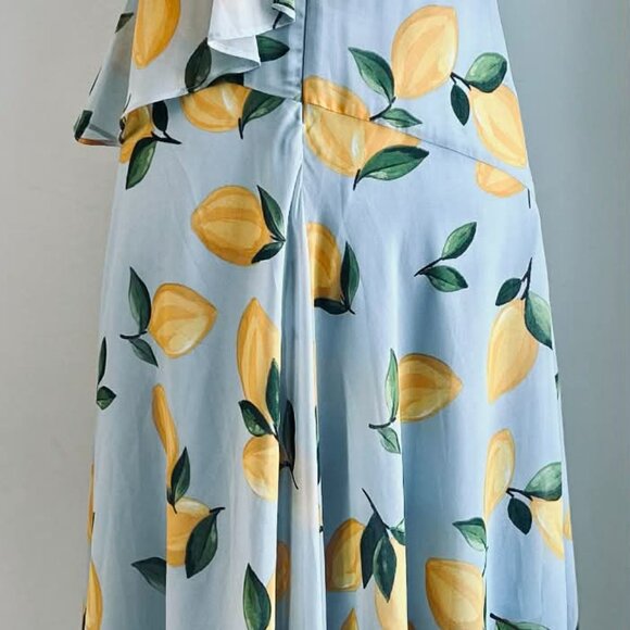 Melanie Lyne Icy Blue Lemon Print Asymmetrical Overlay Chiffon Maxi Dress – US 2 - Picture 9 of 15